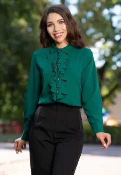 Camasa dama office verde cu jabou cret si nasturi aurii imagine