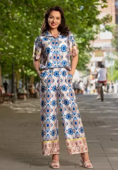 Compleu casual de vara cu pantalon evazat si camasa imagine