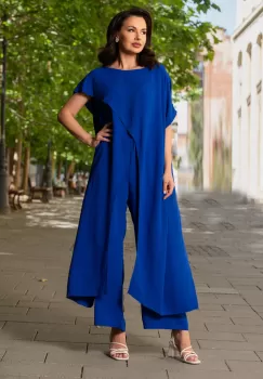 Compleu casual lejer albastru-royal cu bluza asimetrica si pantalon evazat imagine