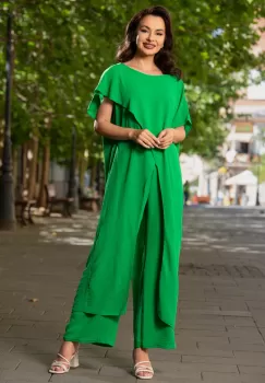 Compleu casual lejer verde cu bluza asimetrica si pantalon evazat imagine