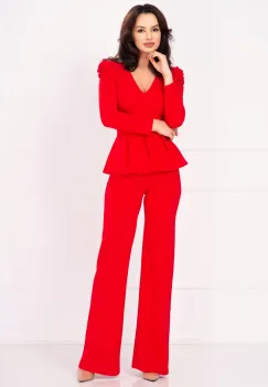 Compleu dama Marielle rosu cu peplum si pantaloni evazati imagine