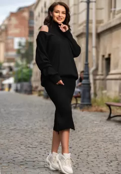 Compleu dama negru din tricot cu rochie si pulover oversize imagine