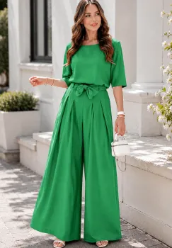 Compleu dama verde din vascoza cu pantaloni evazati imagine