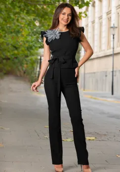 Compleu elegant negru cu pantalon evazat si bluza cu floare 3D imagine