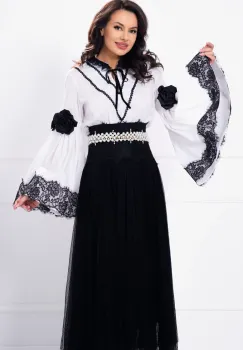 Elizabeth Roses - Camasa eleganta de inspiratie traditionala cu maneci tip clopot si broderie neagra imagine