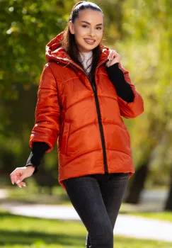 Geaca dama matlasata orange Denisa cu mansete din tricot si gluga imagine