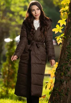 Geaca din fas lunga matlasata maro cu gluga si cordon in talie imagine