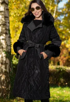 Geaca lunga neagra eleganta Marianne cu guler si mansete din blana imagine