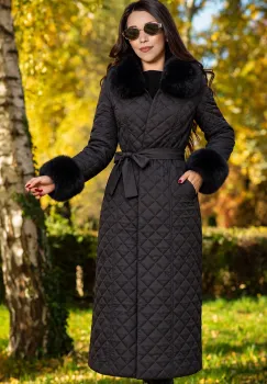 Geaca neagra lunga matlasata Nieves cu guler si mansete din blana imagine