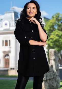 Jacheta lunga neagra tip camasa din material catifelat imagine