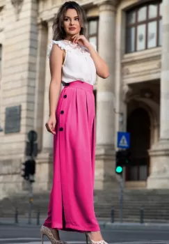 Pantaloni ciclame evazati cu crapatura si nasturi pe laterale imagine