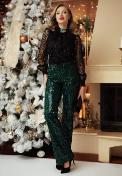 Pantaloni de ocazie Fofy din catifea cu paiete verzi imagine