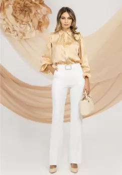 Pantaloni ecru eleganti Pretty Girl evazati cu talie inalta imagine