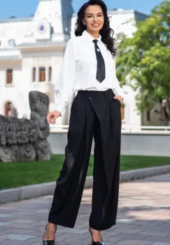 Pantaloni eleganti negri cu talie asimetrica si croi wide leg imagine
