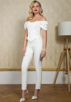 Pantaloni eleganti Pretty Girl ecru conici cu banda cu perle in lateral imagine