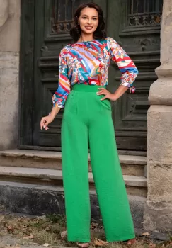 Pantaloni evazati verzi din vascoza cu talie inalta imagine