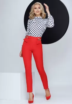 Pantaloni office Fofy rosii cu talie inalta catarame si clape decorative imagine