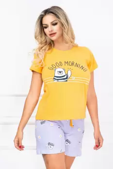 Pijama dama din doua piese mustar cu imprimeu ursulet imagine