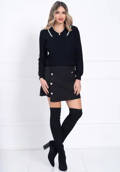 Pulover dama negru cu guler si brosa tip funda imagine