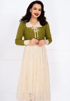 Pulover din tricot verde Petra cu guler cu buline si brosa detasabila imagine