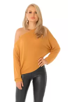 Pulover Pretty Girl mustar din vascoza cu umarul gol si maneci tip fluture imagine