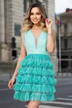 Rochie Artista baby-doll turquoise cu volanase imagine