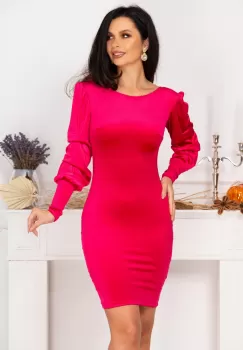 Rochie cambrata fucsia din catifea cu maneci fronsate imagine