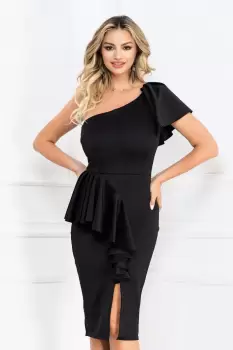 Rochie cambrata neagra Luisa cu volane si un umar gol imagine
