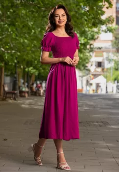 Rochie casual midi din vascoza bordo cu bust incretit imagine