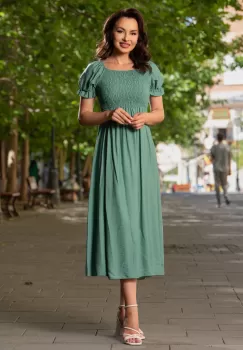 Rochie casual midi din vascoza mint cu bust incretit imagine