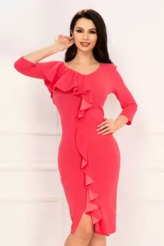Rochie Clarisa de zi eleganta coral cu volanas imagine