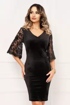 Rochie dama din catifea neagra Vera cu maneci tip clopot din tulle brodat imagine