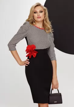 Rochie de birou Fofy conica cu print pepit si floare decorativa imagine