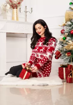 Rochie de Craciun din tricot rosie cu model festiv imagine