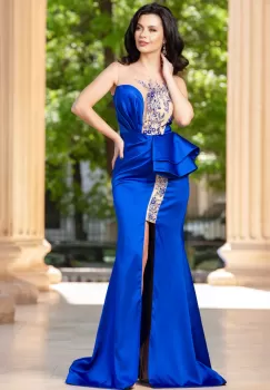 Rochie de lux Isis royal cu peplum si model pretios din margele si strassuri imagine