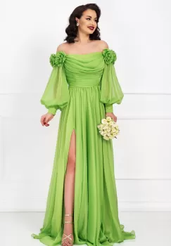 Rochie de lux Mireya fistic lunga cu fronseuri si flori 3D imagine