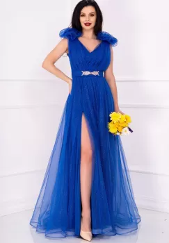 Rochie de nasa Lily albastru royal pretioasa cu sclipici si flori 3D pe umeri imagine
