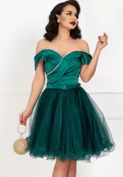 Rochie de ocazie baby-doll verde cu fronseuri si banda din strassuri imagine