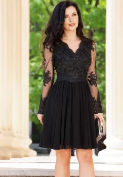 Rochie de ocazie Destiny baby doll neagra cu bust si maneci brodate imagine