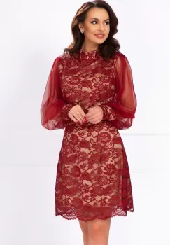 Rochie de ocazie din dantela bordo cu maneci din tulle imagine