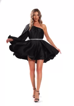 Rochie de ocazie din matase neagra cu o maneca goala imagine