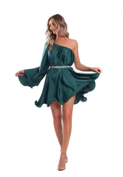 Rochie de ocazie din matase verde cu o maneca goala imagine