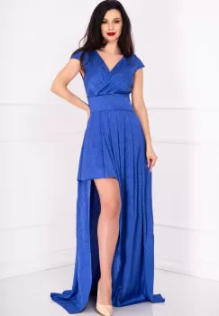 Rochie de ocazie dungata albastra cu decupaj pe picior imagine