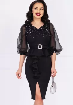 Rochie de ocazie eleganta neagra cu maneci din organza si peplum imagine