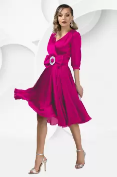 Rochie de ocazie eleganta Pretty Girl fucsia cu funda in talie imagine