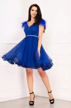 Rochie de ocazie Fiona eleganta albastru-royal cu perle in talie si accesoriu tip fulgi imagine