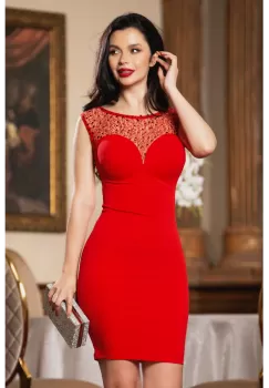 Rochie de ocazie Katrina rosie cambrata cu paiete imagine