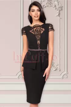 Rochie de ocazie MBG neagra din stofa cu decolteu transparent si strasuri in talie imagine
