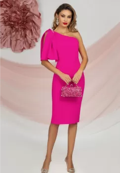 Rochie de ocazie midi fuchsia cu umar gol si funda accesorizata cu strassuri imagine