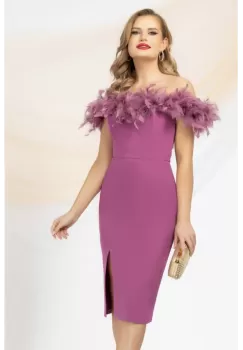 Rochie de ocazie Pretty Girl mov cu pene si umerii goi imagine